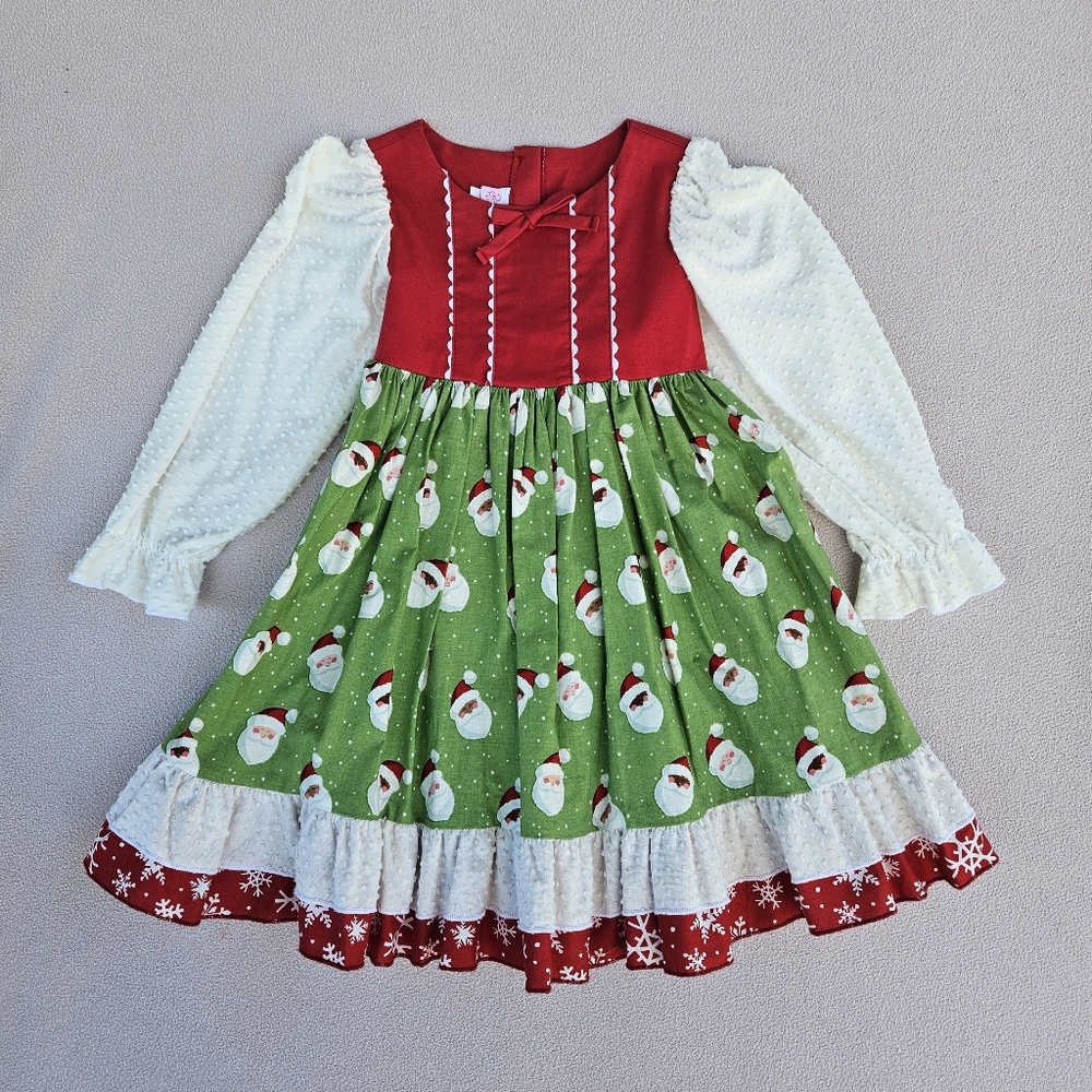 RicRac & Ruffles Dear Santa Claus Christmas Holiday Dress Girl SZ 5 Green White